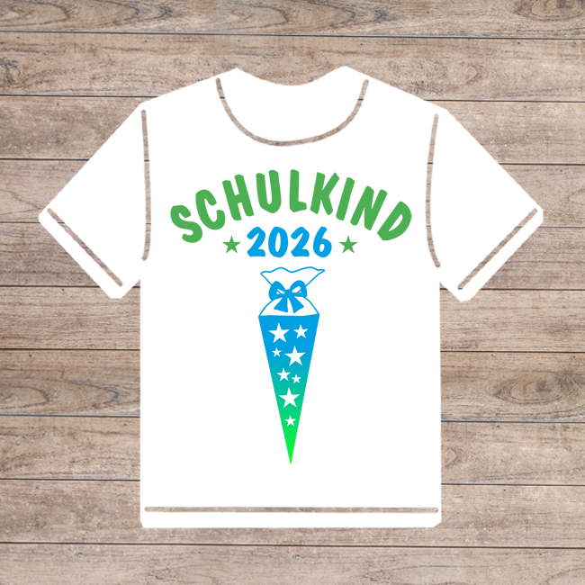 Klassisches Einschulungs-Motiv: Eine stilisierte Schultüte mit Sternen und Schleife in einem Blau-Grün-Farbverlauf, ergänzt durch den Text „Schulkind 2026“.