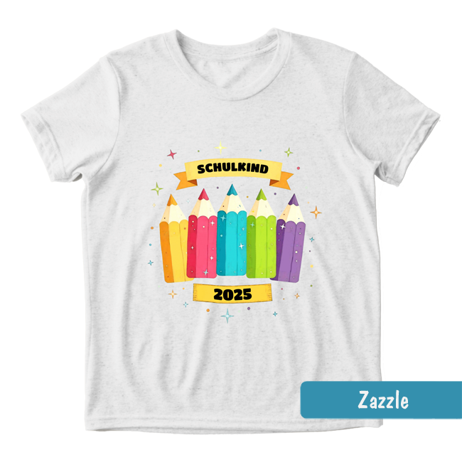 Weißes Einschulungs-Shirt mit fünf bunten Stiften, Sternchen und Text: Schulkind & personalisierbare Jahreszahl.