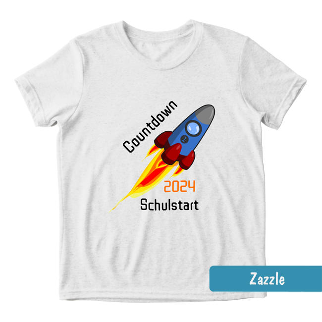 Weißes Einschulungs-Shirt mit blauer Rakete & Text: Countdown Schulstart & personalisierte Jahreszahl.