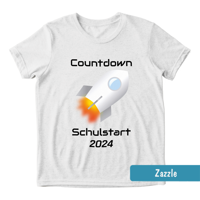 Weißes Einschulungs-Shirt mit silberner Rakete & Text: Countdown Schulstart & personalisierter Jahreszahl.