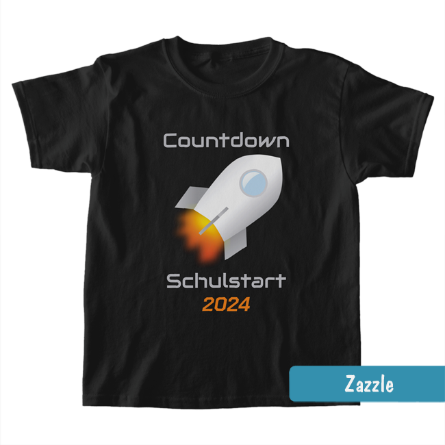 Schwarzes Einschulungs-Shirt mit silberner Rakete & Text: Countdown Schulstart & personalisierte Jahreszahl.