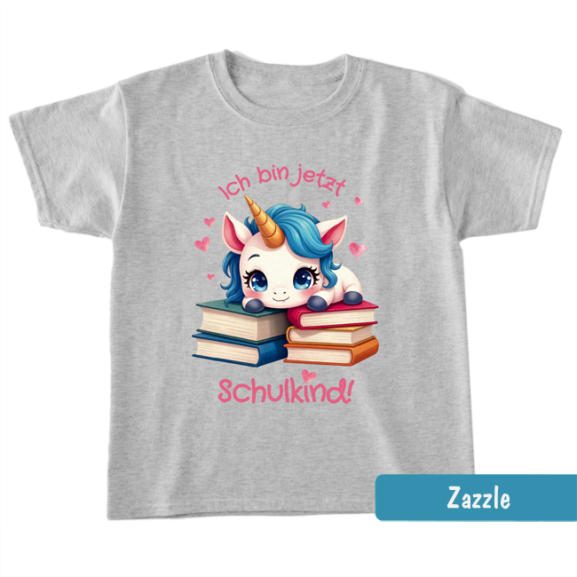 Graues Schulanfangs-Shirt mit süßem Einhorn auf Büchern & Text: Ich bin jetzt Schulkind!