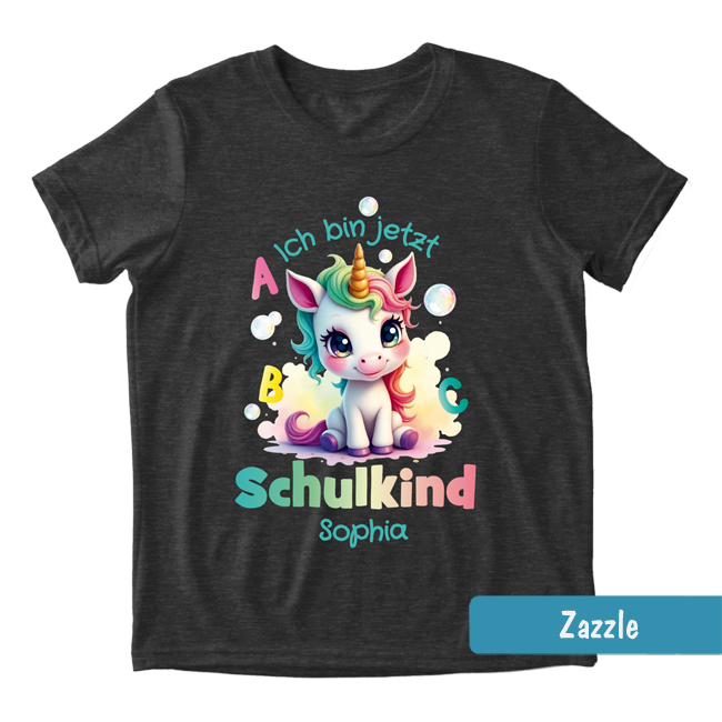 DDunkles Einschulungs-Shirt mit Einhorn, Seifenblasen & Text: Ich bin jetzt Schulkind mit personalisierbaren Namen.