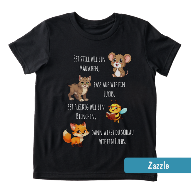 Schwarzes Einschulungs-Shirt mit Tieren (Maus, Luchs, Biene, Fuchs) & Spruch zum Schulanfang.