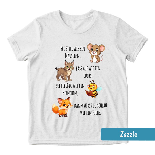 Weißes Schulanfangs-Shirt mit Tieren (Maus, Luchs, Biene, Fuchs) & Spruch zur Einschulung.