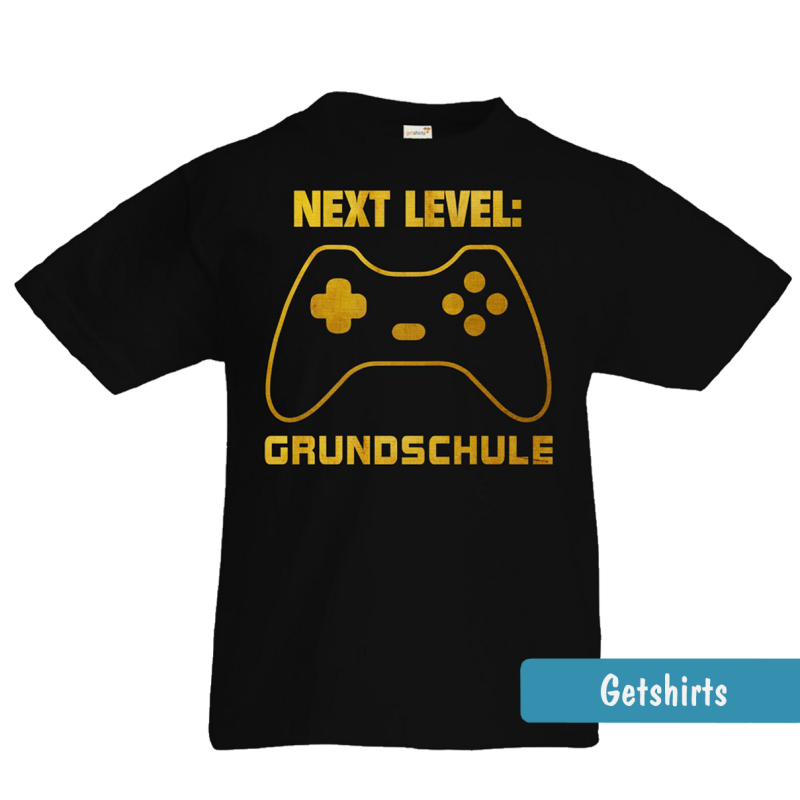 Schwarzes Kinder-T-Shirt zur Einschulung mit goldenem Spielecontroller-Motiv und dem Text „Next Level: Grundschule“ in edler Gold-Optik.
