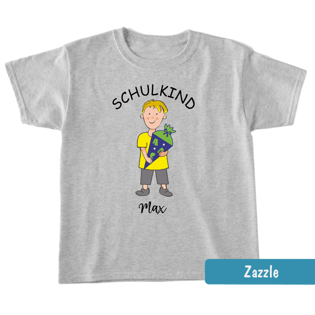 Graues Einschulungs-Shirt mit blondem Jungen, Schultüte & Text: Schulkind mit personalisierbarem Namen. 