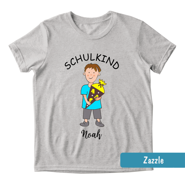 Graues Einschulungs-Shirt mit braunhaarigem Jungen, Schultüte & Text: Schulkind mit personalisierbarem Namen. 