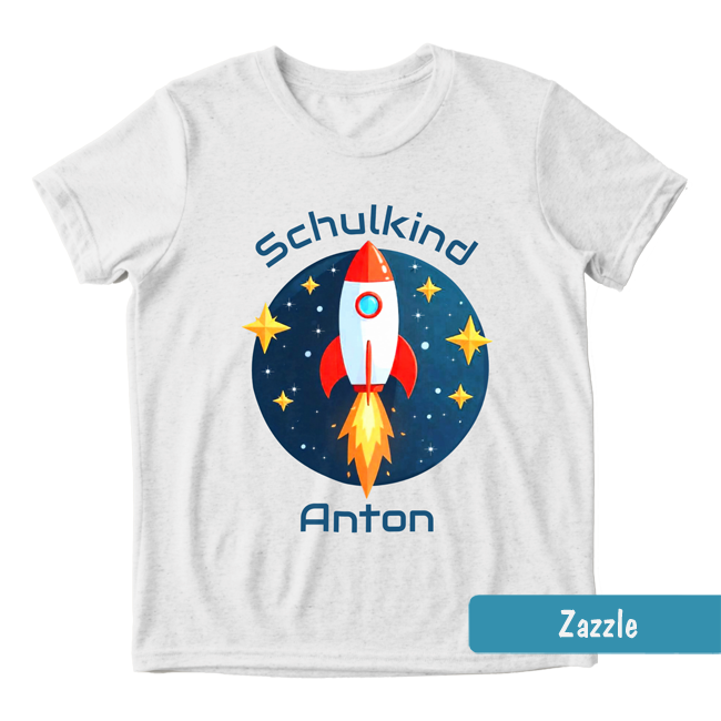 Weißes Einschulungs-Shirt mit bunter Rakete, Sternen & Text: Schulkind & Wunschname.