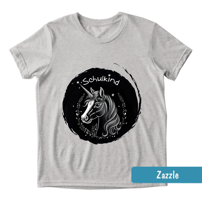 Graues Einschulungs-Shirt mit schwarzem runden Motiv mit weißen Einhornkopf und Sternchen im Kreide-Design & Text: Schulkind