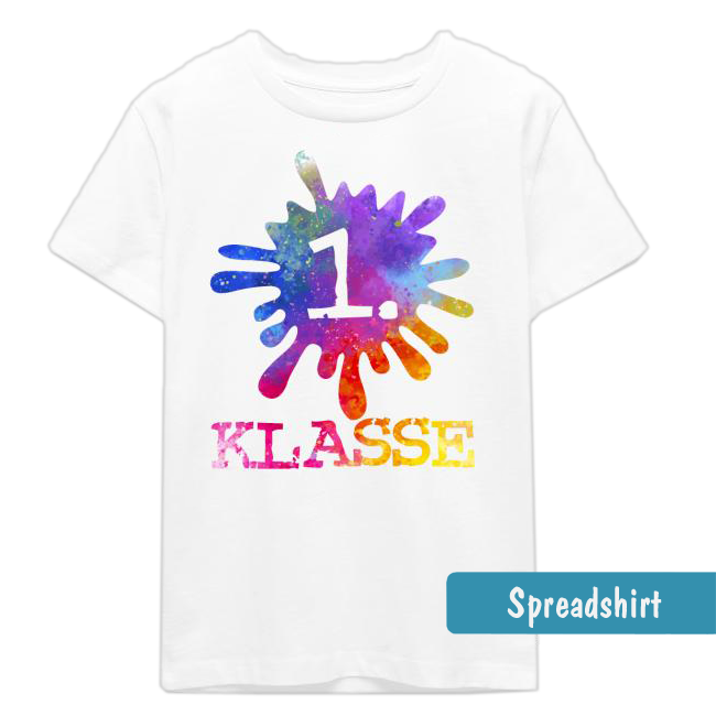 weißes Kinder T-Shirt zum Schulanfang  mit Paint Plash mit Farbverlauf und Text: "1. KLasse!"