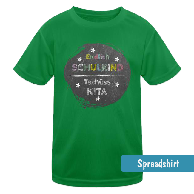 grünes Kinder T-Shirt zur Einschulung mit Tafeloptik-Design mit Kreideschrift Text - Endlich Schulkind - Tschüss Kita