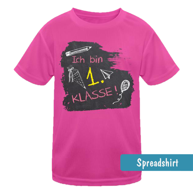 rosa Schulstart T-Shirt mit Tafeloptik-Design mit Kreideschrift Text - Ich bin 1. Klasse in rosa und gelb