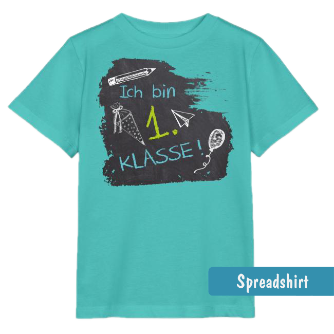 graues Kinder T-Shirt zum Schulanfang mit Tafeloptik-Design mit Kreideschrift Text - Ich bin 1. Klasse in blau und grün