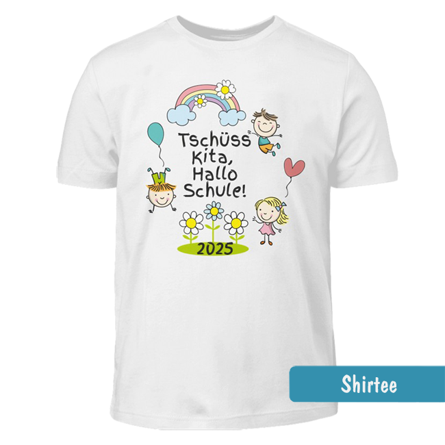 Weißes T-Shirt mit Kindern, Regenbogen und Luftballons sowie Text Tschüss Kita Hallo Schule - personalisierbare Jahreszahl