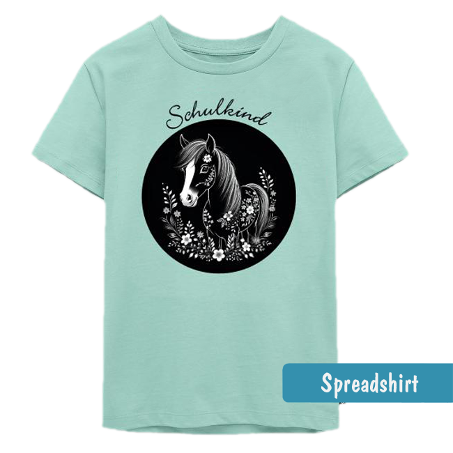 Einschulungs-T-Shirt -  Motiv: Niedliches weißes Pony mit weißen Blumen auf einer runden schwarzen Fläche, Text darüber: Schulkind