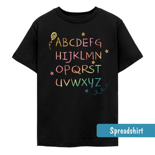 Farbiges Alphabet von A bis Z in bunter Kreide-Schrift auf dunklem Grund mit Sternen und Luftballon für den Schulanfang.