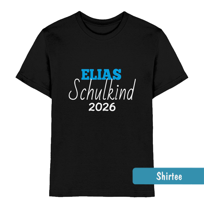 Schwarzes Kinder-T-Shirt zur Einschulung 2026 mit personalisierbaren Namen in Blau und weißer Aufschrift Schulkind.