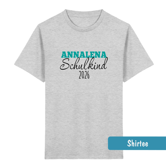 Graues Kinder-T-Shirt zur Einschulung 2026 mit personalisierbaren Namen in Türkis und schwarzer Aufschrift Schulkind.