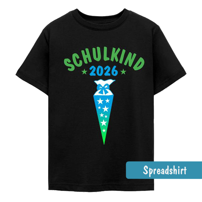 Schultüten-Motiv mit einem blau-grünen Farbverlauf und weißen Sternchen, ergänzt durch den grünen Text „Schulkind“ und die hellblaue Jahreszahl „2026“ mit zwei grünen Sternen.