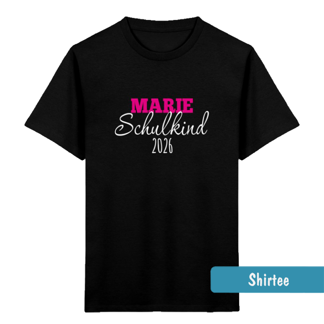 Schwarzes Kinder-T-Shirt zur Einschulung 2026 mit personalisierbaren Namen in Pink und weißer Aufschrift Schulkind.
