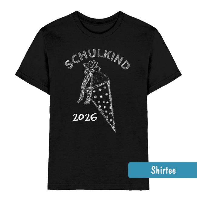 Schwarzes Einschulungs-T-Shirt mit weißer Zuckertüte und Schulkind 2026 im Kreide-Stil.