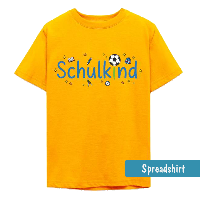 Gelbes Kinder-T-Shirt mit blauem Schriftzug 'Schulkind', umgeben von kleinen bunten Symbolen wie Fußball, Stiften und Büchern