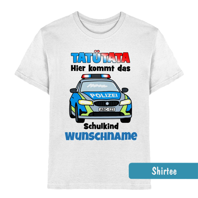 Kinder-T-Shirt mit Polizeiauto, Tatütata-Schriftzug und Feld für den eigenen Wunschnamen.