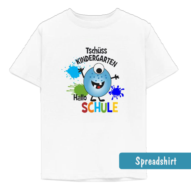 weißes Kita Abgänger T-Shirt mit lustigem bunten Monster, Farbklecksen  und Text Tschüss Kindergarten - Hallo Schule