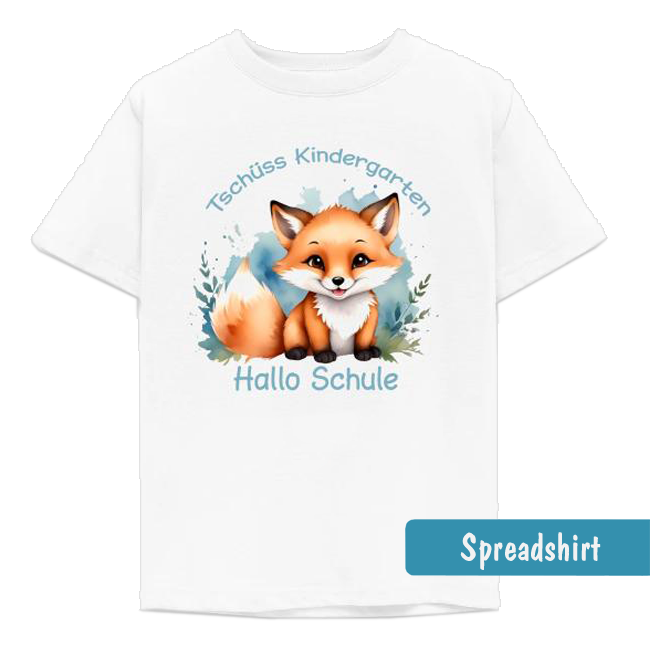 weißes Kindergartenabschieds T-Shirt - Motitv niedlicher Fuchs in Aquarelldesign - Text Tschüss Kindergarten - Hallo Schule