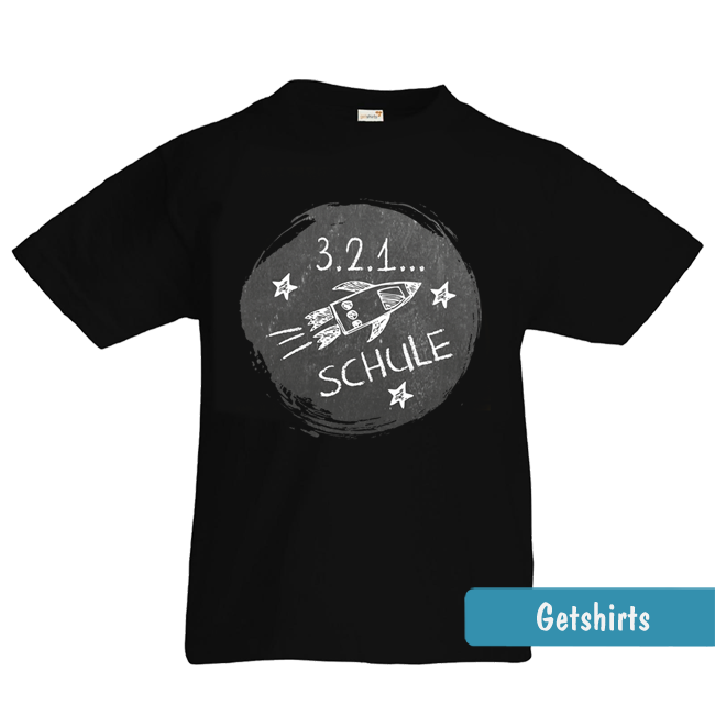 Schwarzes Schulanfangs-Shirt mit Rakete im Kreide-Design & Text: 3.2.1... SCHULE.