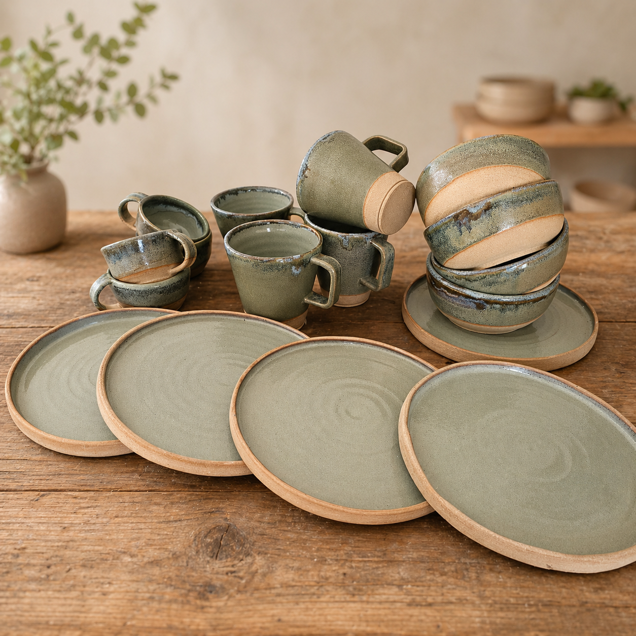 Handmade stoneware mugs, bowls and plates with earthy green glaze on a rustic wooden table