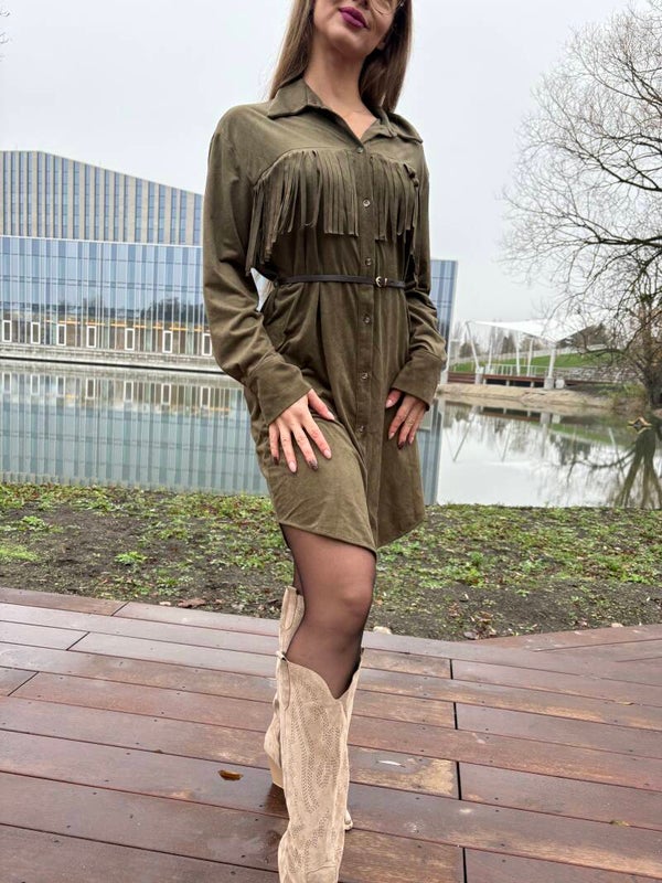 Sukienka koszulowa z długim rękawem khaki (pasek w zestawie)