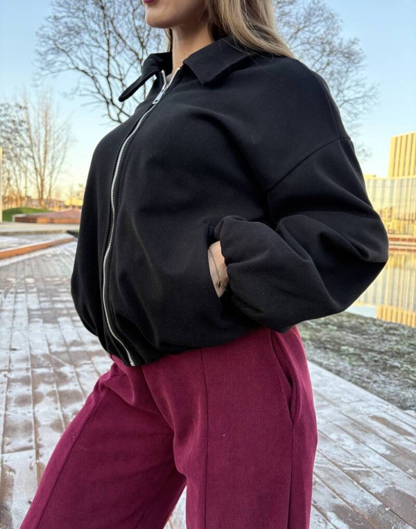 Ciepła kurtka typu bomber z podszewką, gumką i zamkiem błyskawicznym - czerń