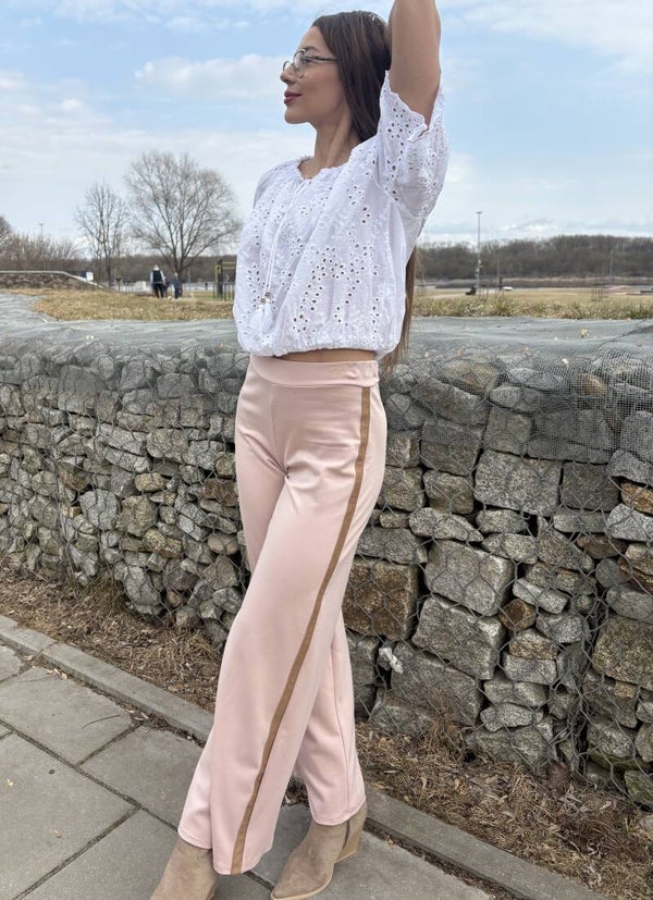 Elastyczne długie, dopasowane spodnie z wysokim stanem - Pudrowy róż