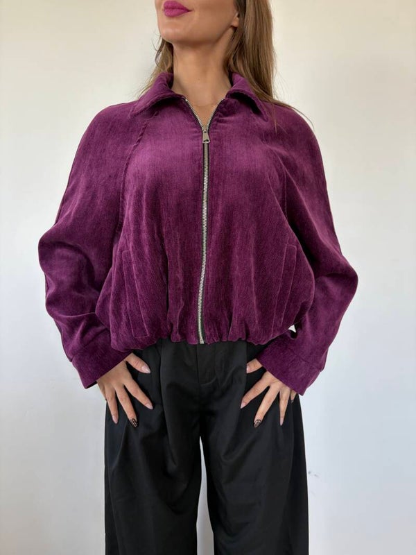 Ciepła kurtka typu bomber z podszewką, gumką i zamkiem błyskawicznym - bordo