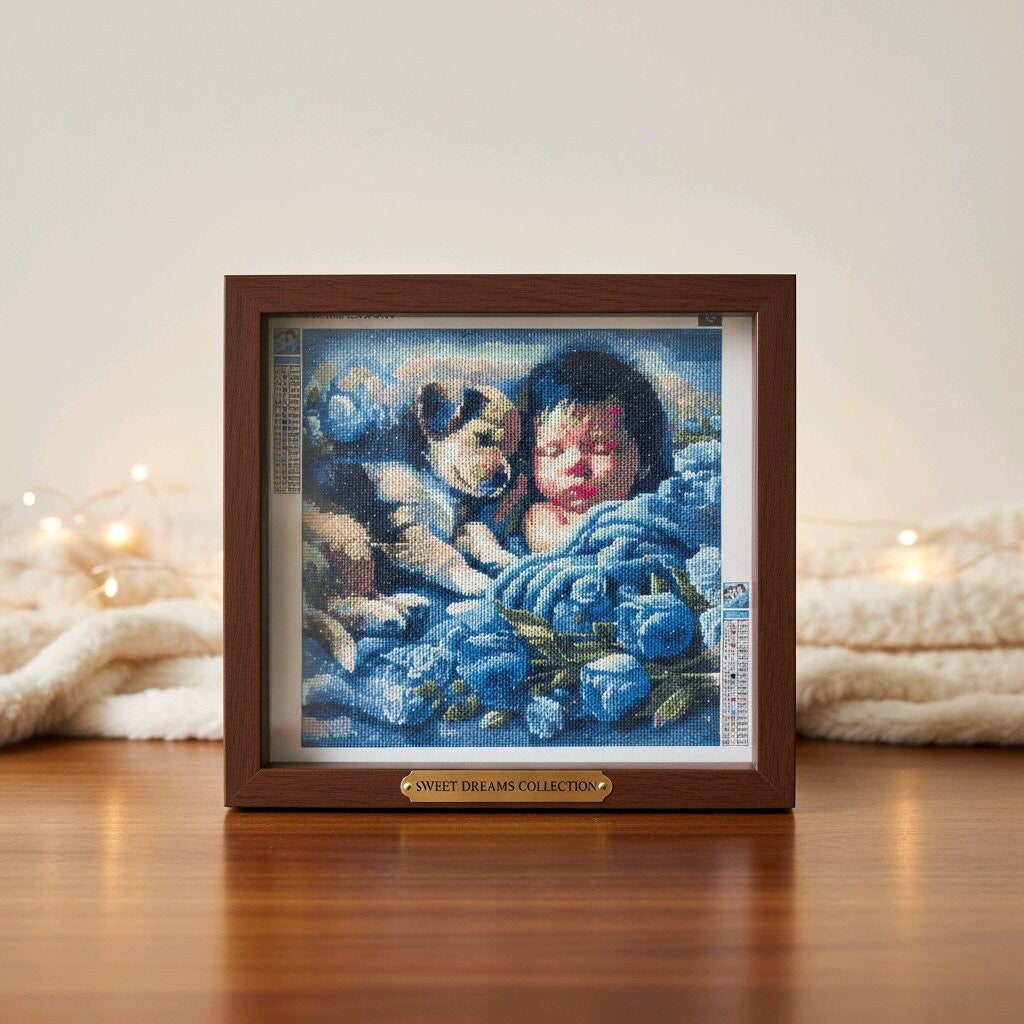 Bébé et chiot, 40x40 cm, rond