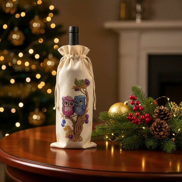 Sachet cadeau en toile pour bouteille avec 2 hiboux