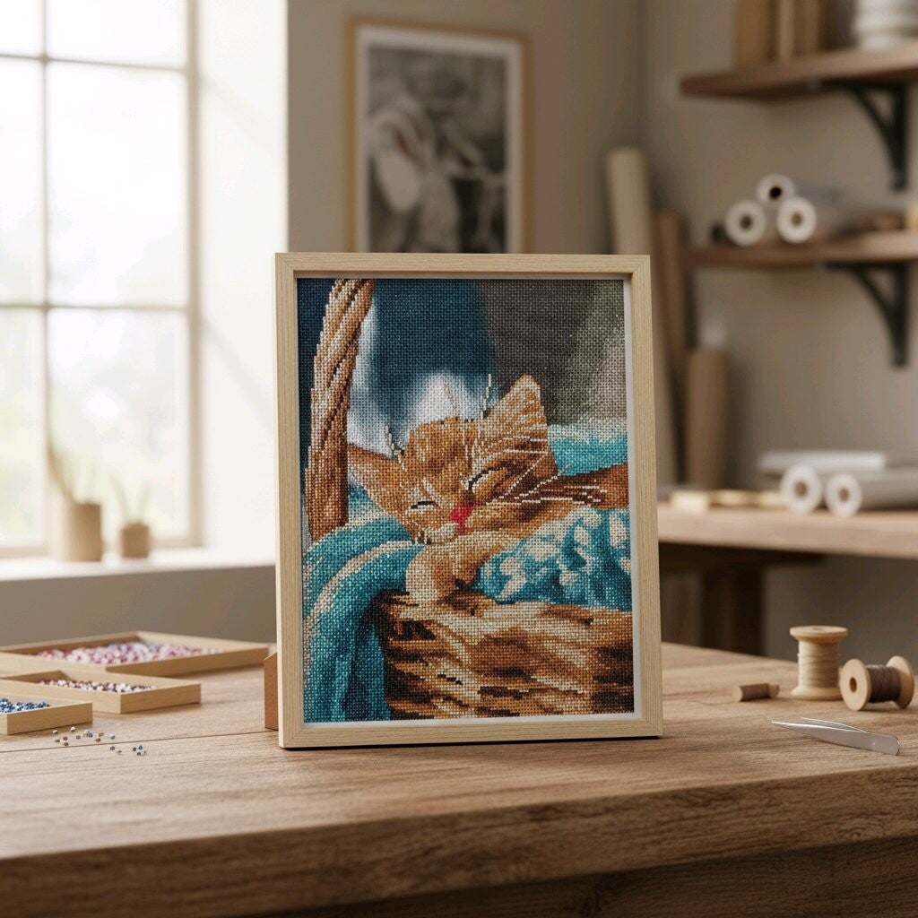 Chat dans panier 30x40 cm, rond