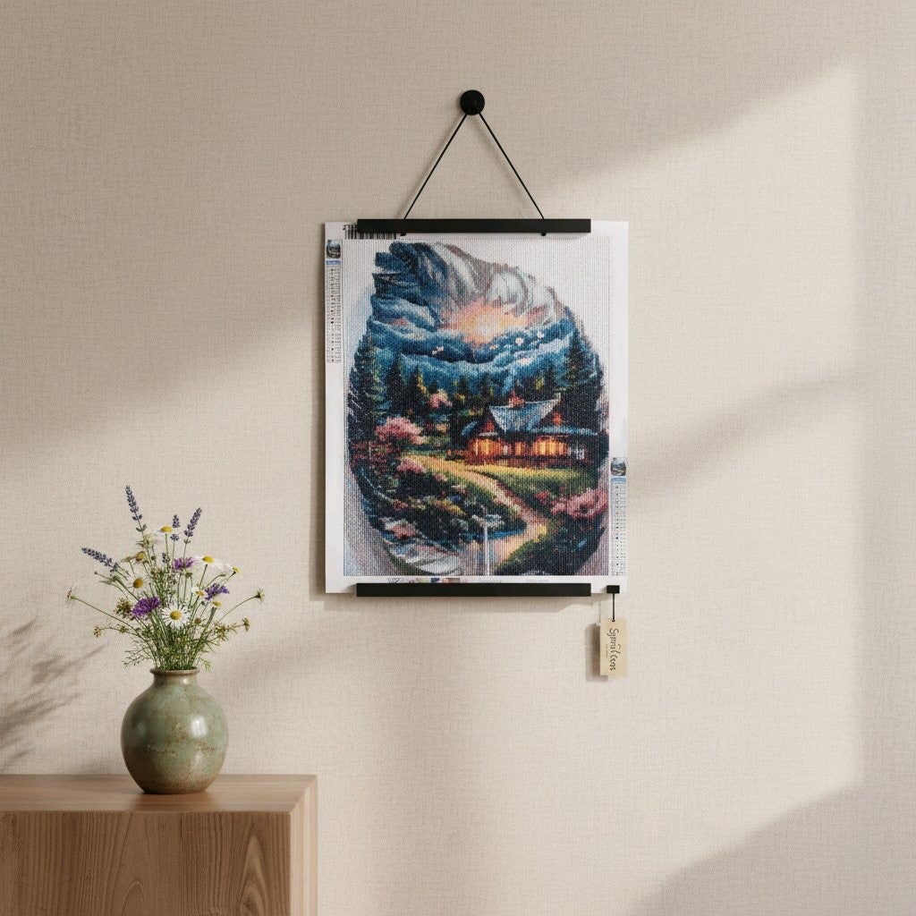 Paysage dans une plume, 30x40 cm, rond