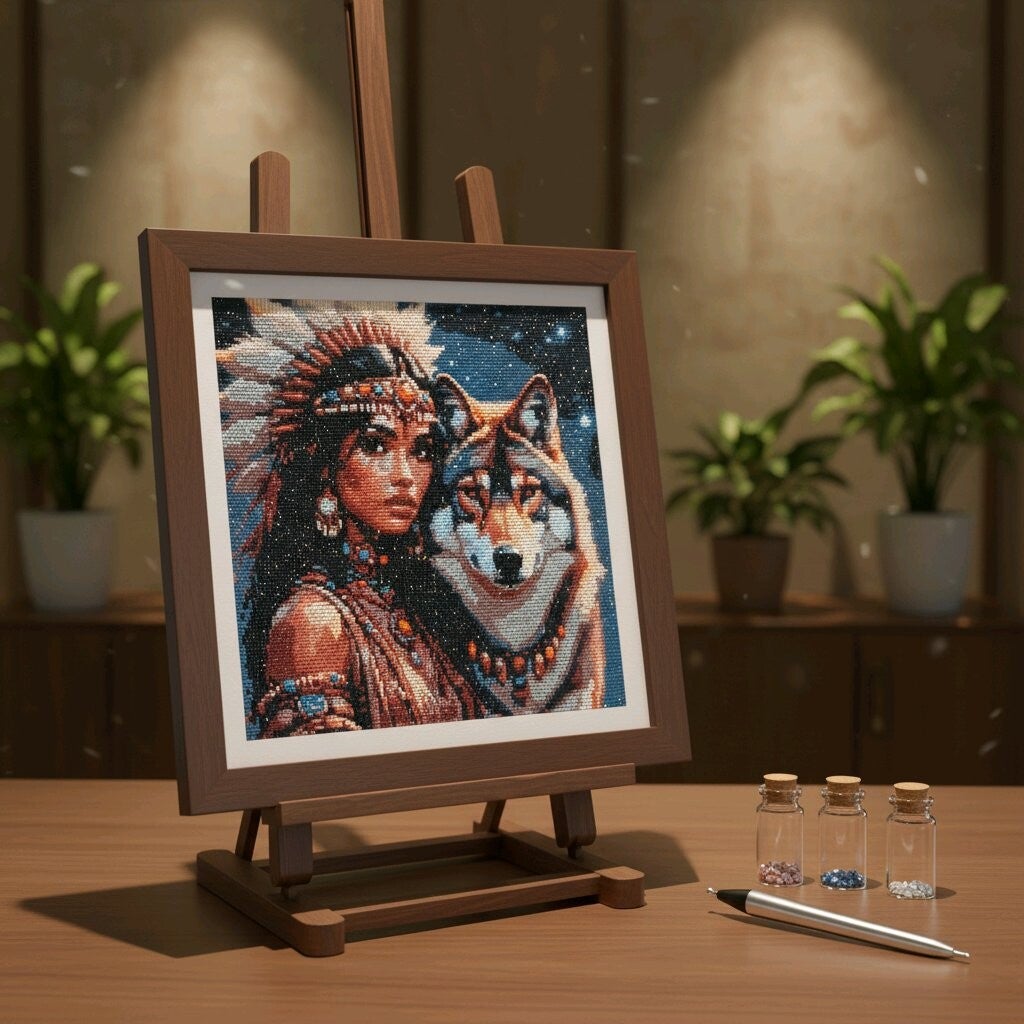 Indienne et loup, 40x40 cm, rond