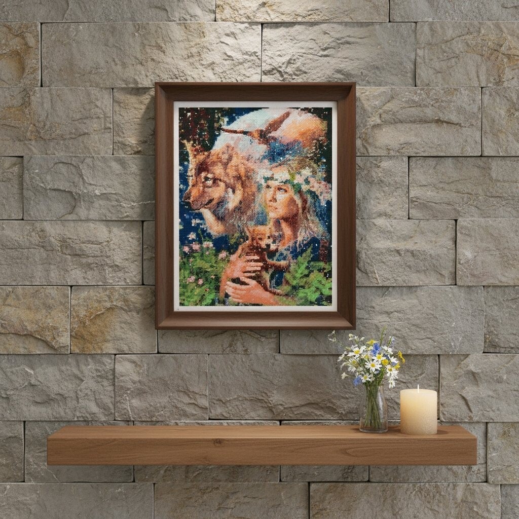 Femme et loup, 30x40 cm, rond