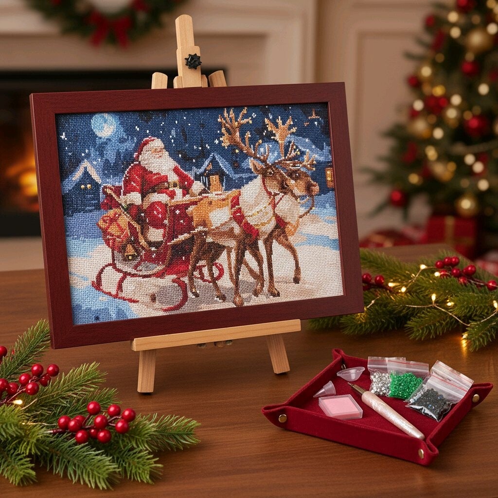 Père Noël sur son traineau, 40x60 cm, rond