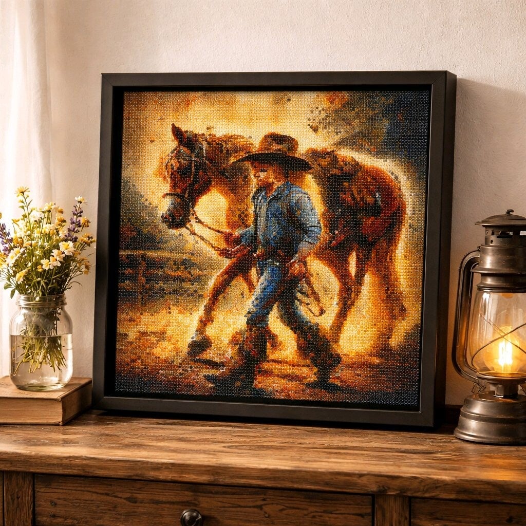 Cheval et enfant, 30x30 cm, rond