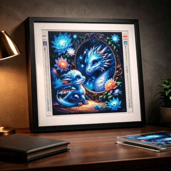 Dragonneau avec son reflet adulte, 40x40 cm, carré