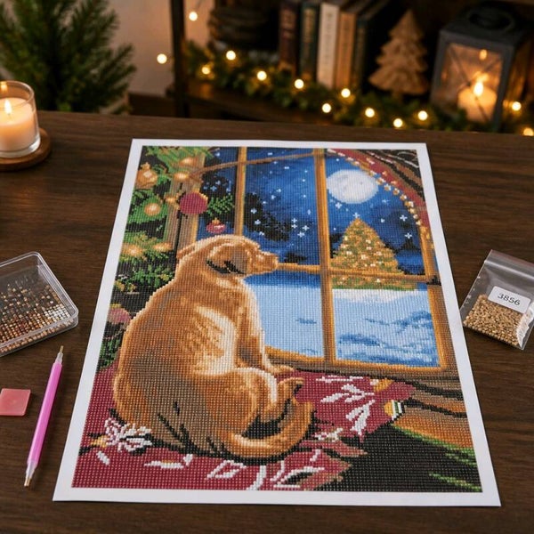 Kit Chien devant la fenêtre, 40x60 cm, rond