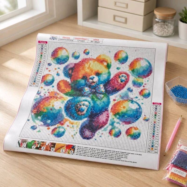 Kit Ourson arc-en-ciel avec bulles, 30x30 cm, rond