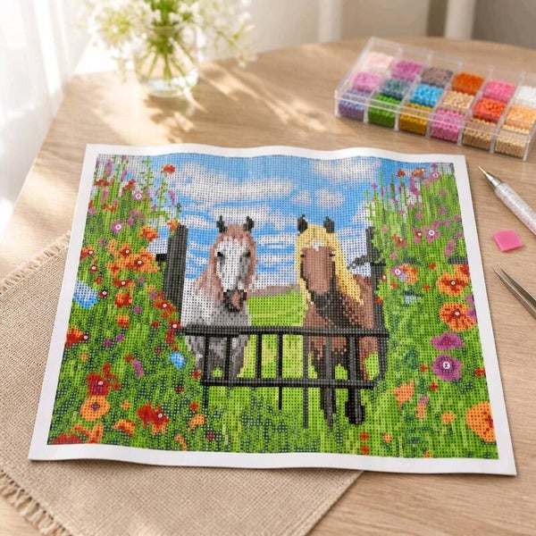 Kit 2 Chevaux dans leur parc, 30x40 cm, rond