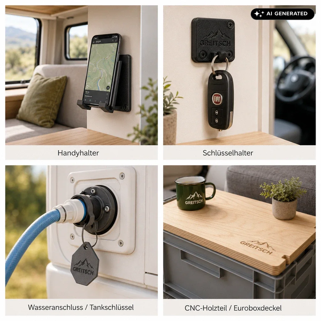 Beispiele für individuell gefertigte Halter, Adapter und Campinglösungen