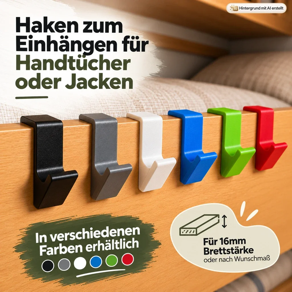 Kleiderhaken zum Einhängen für Wohnwagen und Wohnmobil | Bettkasten & Regalbrett Haken | 3D-Druck Handmade Camper Organizer